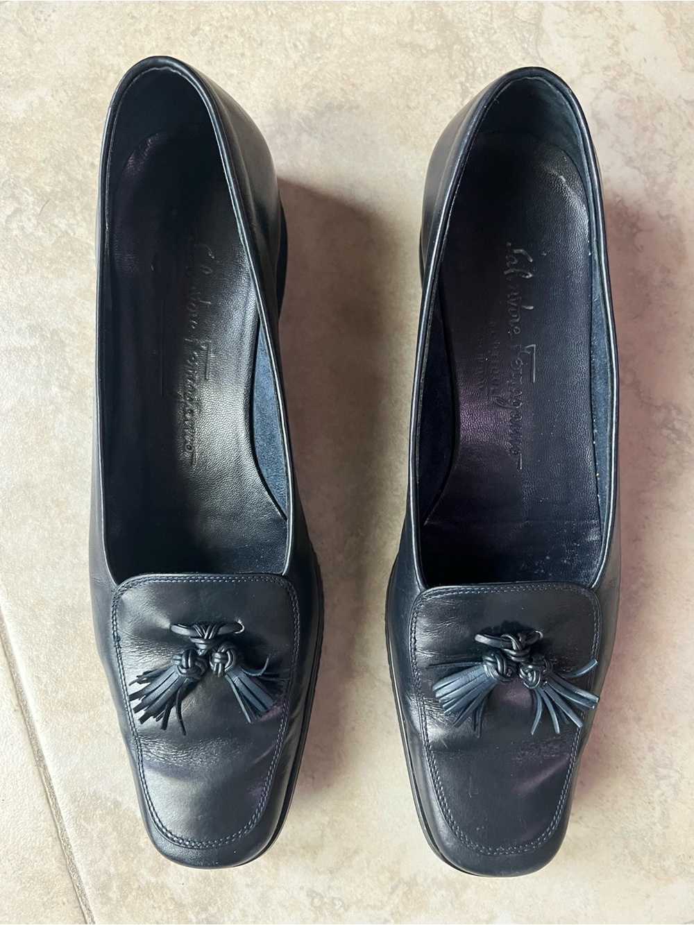 Salvatore Ferragamo Navy Blue Leather Tassel Loafers for Women